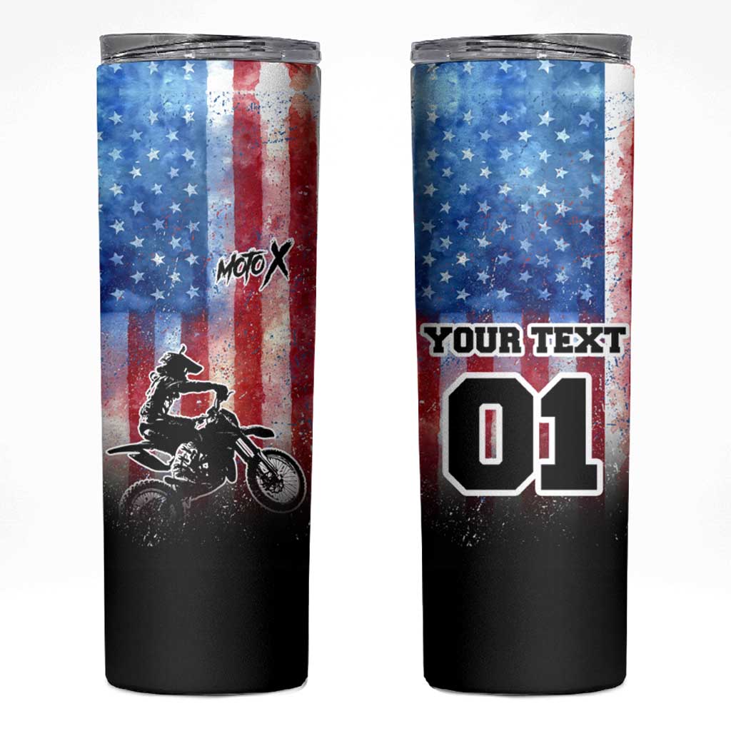 Personalized Motocross Rider Skinny Tumbler with Distressed American Flag in Red White Blue Grunge Style - Wonder Print Shop