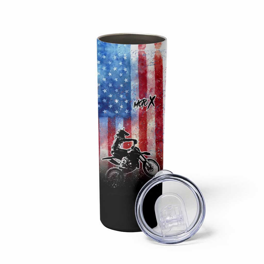 Personalized Motocross Rider Skinny Tumbler with Distressed American Flag in Red White Blue Grunge Style - Wonder Print Shop