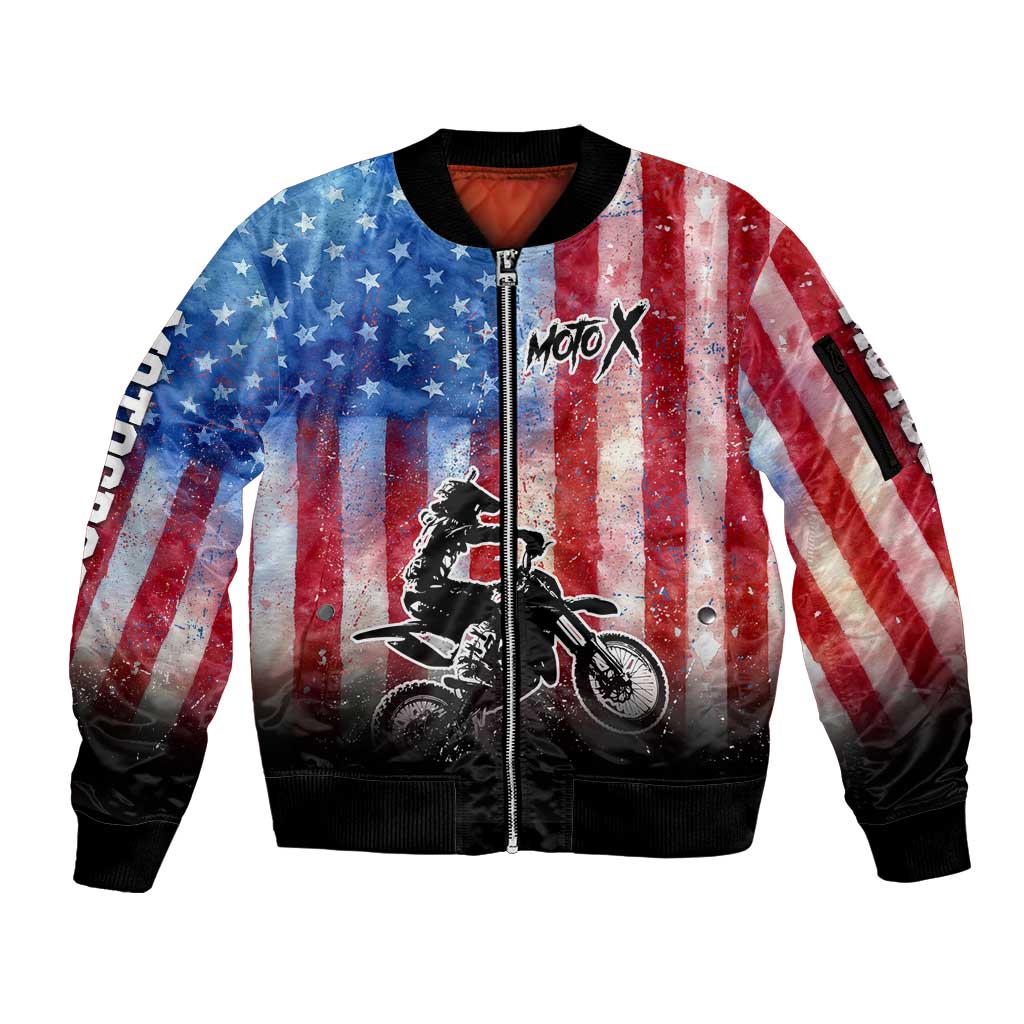 Personalized Motocross Rider Sleeve Zip Bomber Jacket with Distressed American Flag in Red White Blue Grunge Style - Wonder Print Shop