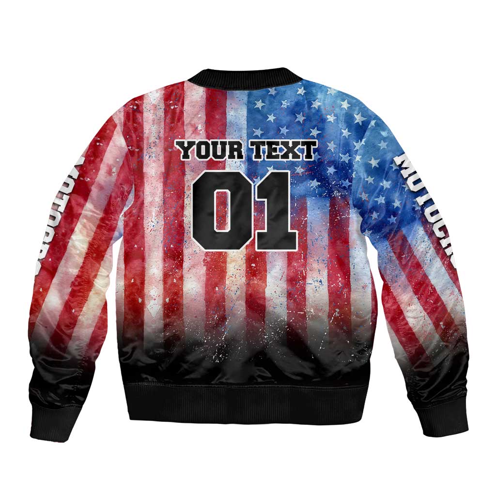 Personalized Motocross Rider Sleeve Zip Bomber Jacket with Distressed American Flag in Red White Blue Grunge Style - Wonder Print Shop
