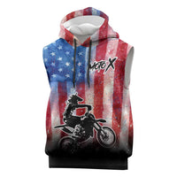 Personalized Motocross Rider Sleeveless Hoodie with Distressed American Flag in Red White Blue Grunge Style - Wonder Print Shop