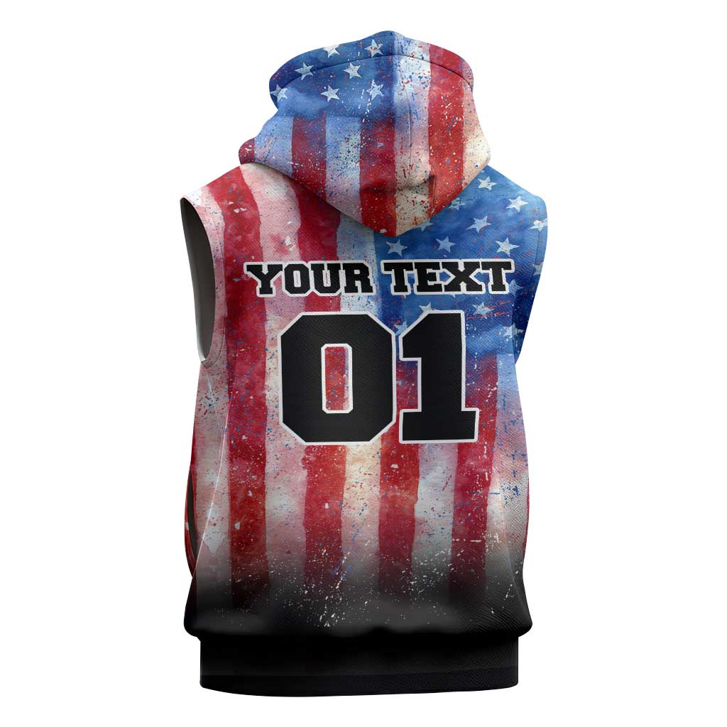 Personalized Motocross Rider Sleeveless Hoodie with Distressed American Flag in Red White Blue Grunge Style - Wonder Print Shop