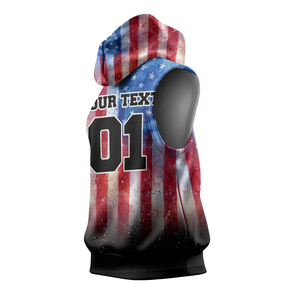 Personalized Motocross Rider Sleeveless Hoodie with Distressed American Flag in Red White Blue Grunge Style - Wonder Print Shop
