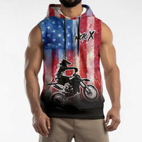 Personalized Motocross Rider Sleeveless Hoodie with Distressed American Flag in Red White Blue Grunge Style - Wonder Print Shop