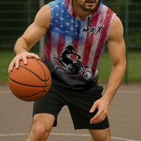 Personalized Motocross Rider Sleeveless Hoodie with Distressed American Flag in Red White Blue Grunge Style - Wonder Print Shop