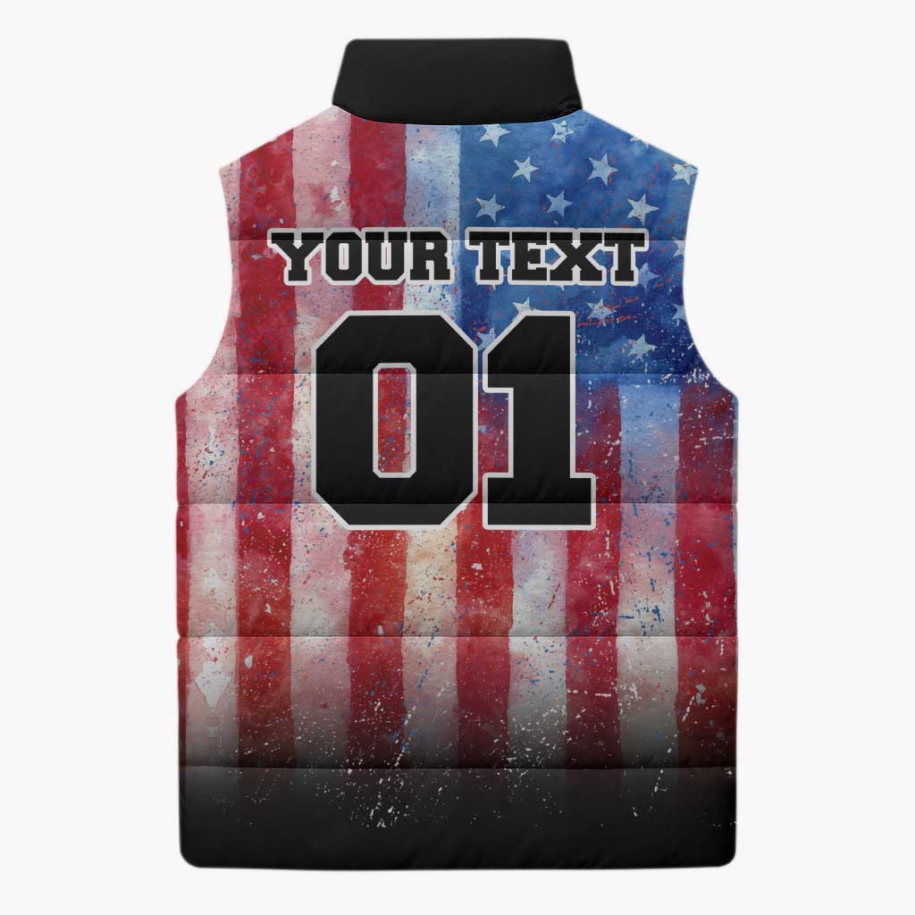 Personalized Motocross Rider Sleeveless Puffer Jacket with Distressed American Flag in Red White Blue Grunge Style - Wonder Print Shop