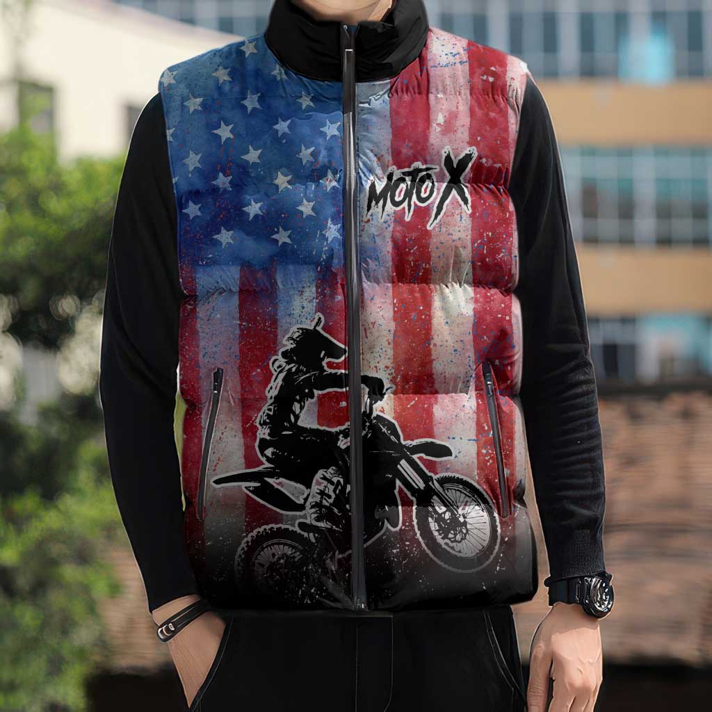 Personalized Motocross Rider Sleeveless Puffer Jacket with Distressed American Flag in Red White Blue Grunge Style - Wonder Print Shop