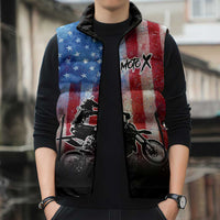 Personalized Motocross Rider Sleeveless Puffer Jacket with Distressed American Flag in Red White Blue Grunge Style - Wonder Print Shop