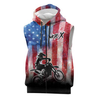 Personalized Motocross Rider Sleeveless Zip Hoodie with Distressed American Flag in Red White Blue Grunge Style - Wonder Print Shop