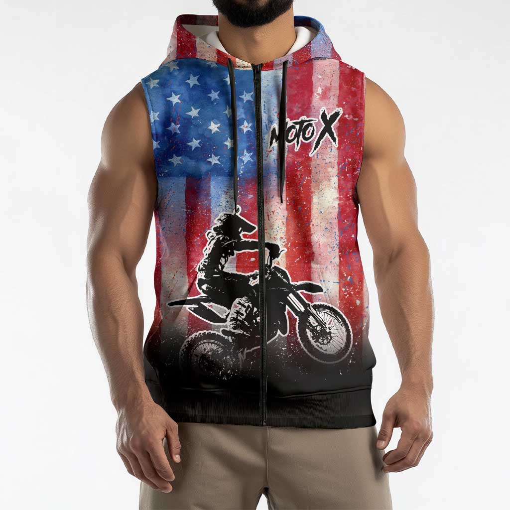 Personalized Motocross Rider Sleeveless Zip Hoodie with Distressed American Flag in Red White Blue Grunge Style - Wonder Print Shop