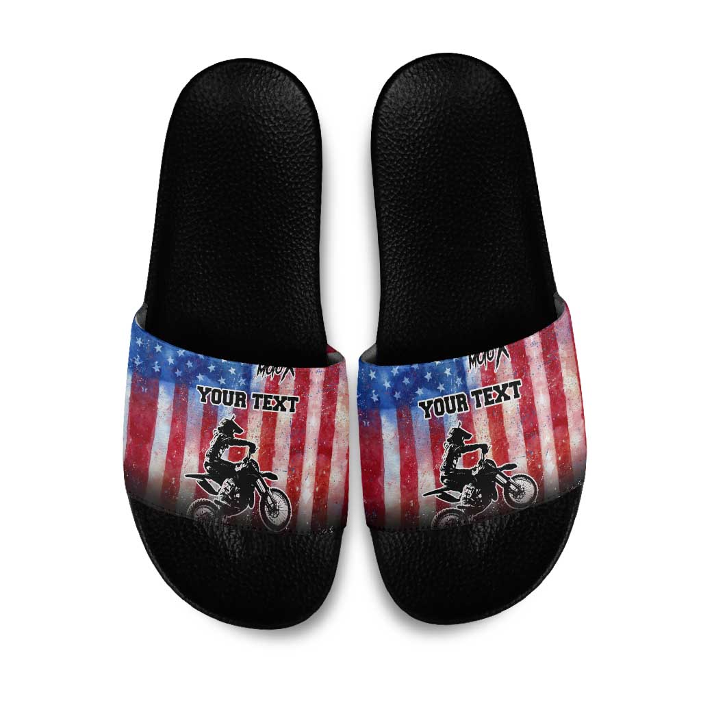 Personalized Motocross Rider Slide Sandals with Distressed American Flag in Red White Blue Grunge Style - Wonder Print Shop