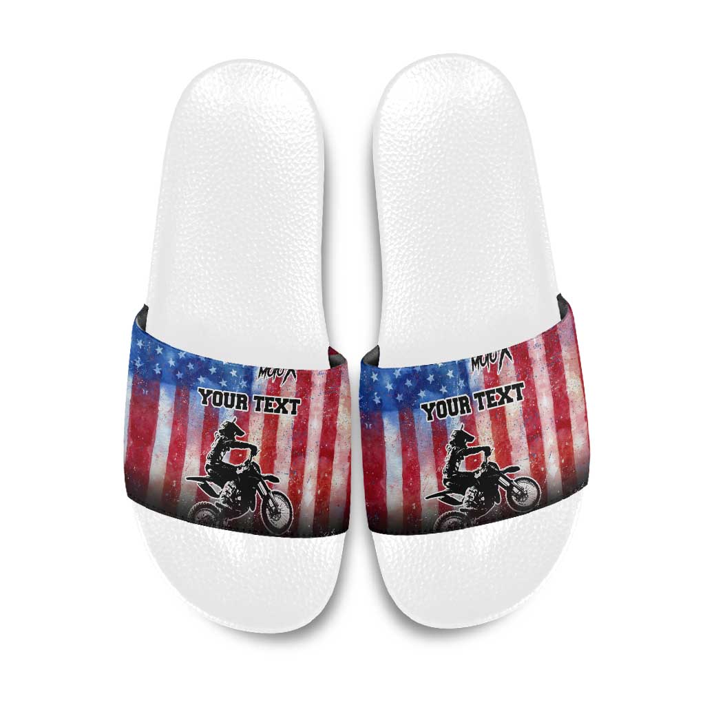 Personalized Motocross Rider Slide Sandals with Distressed American Flag in Red White Blue Grunge Style - Wonder Print Shop