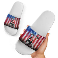 Personalized Motocross Rider Slide Sandals with Distressed American Flag in Red White Blue Grunge Style - Wonder Print Shop