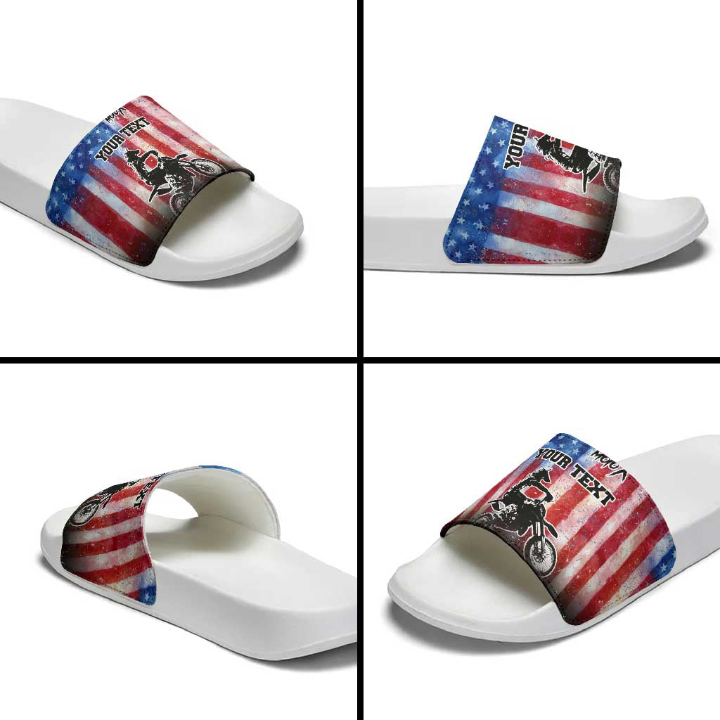 Personalized Motocross Rider Slide Sandals with Distressed American Flag in Red White Blue Grunge Style - Wonder Print Shop