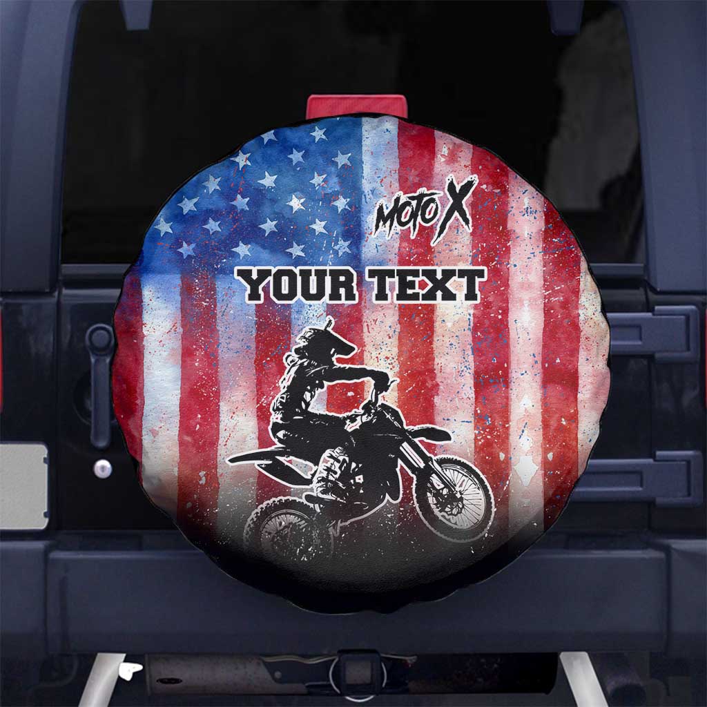 Personalized Motocross Rider Spare Tire Cover with Distressed American Flag in Red White Blue Grunge Style - Wonder Print Shop
