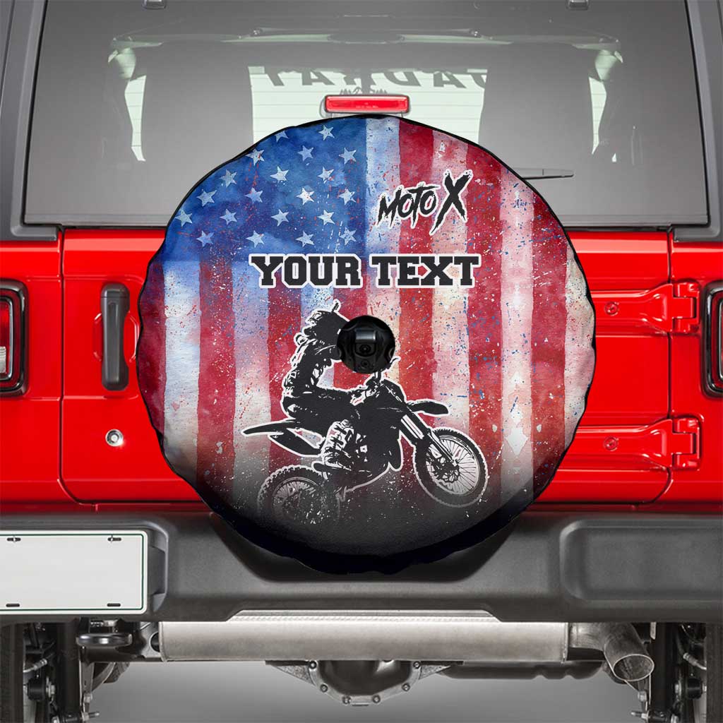 Personalized Motocross Rider Spare Tire Cover with Distressed American Flag in Red White Blue Grunge Style - Wonder Print Shop