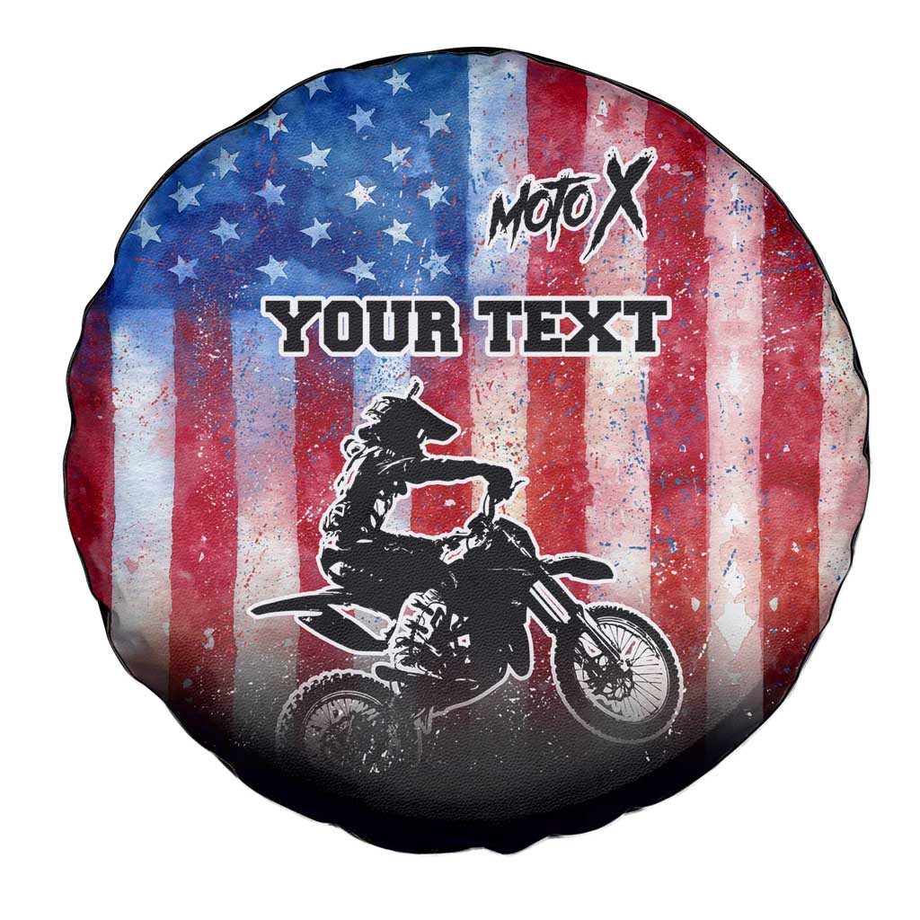 Personalized Motocross Rider Spare Tire Cover with Distressed American Flag in Red White Blue Grunge Style - Wonder Print Shop