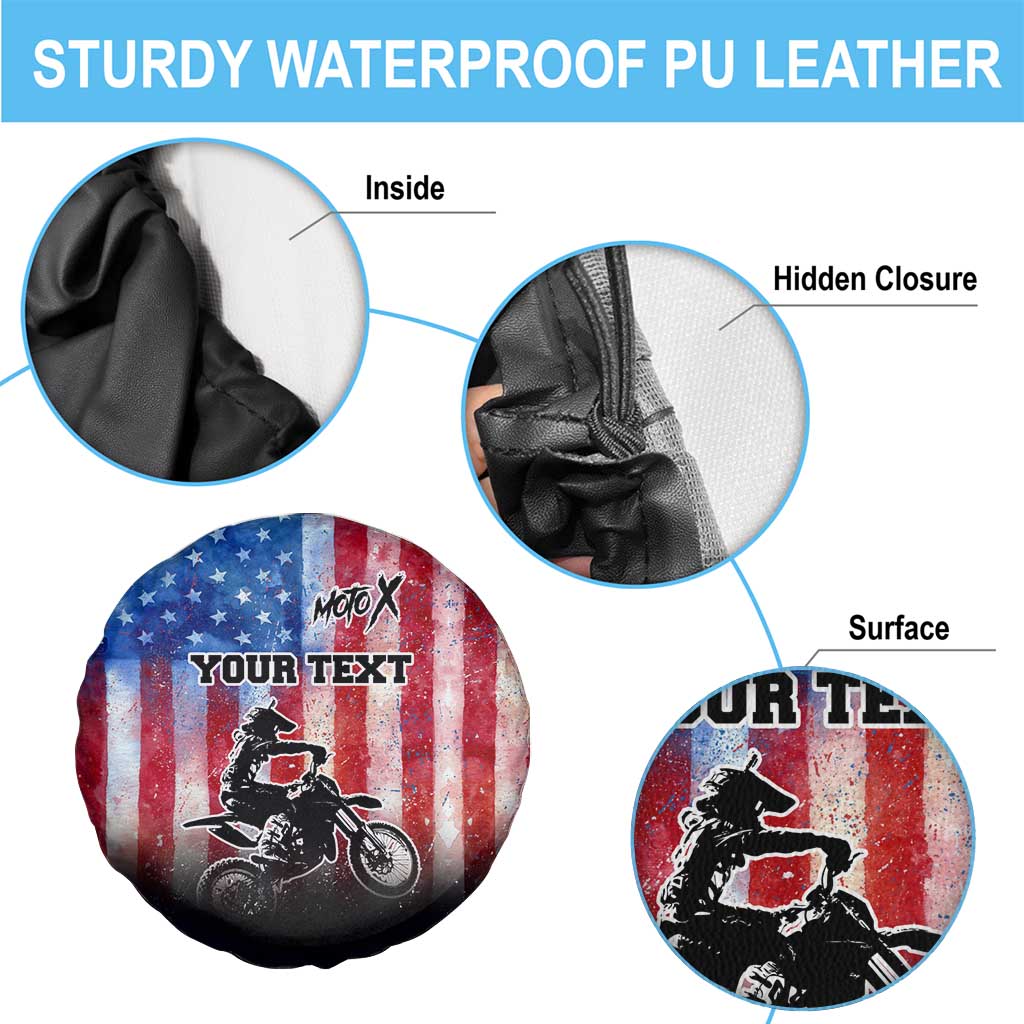 Personalized Motocross Rider Spare Tire Cover with Distressed American Flag in Red White Blue Grunge Style - Wonder Print Shop
