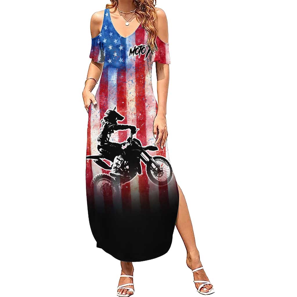 Personalized Motocross Rider Summer Maxi Dress with Distressed American Flag in Red White Blue Grunge Style - Wonder Print Shop