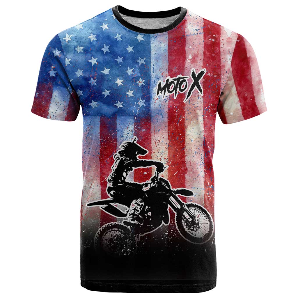 Personalized Motocross Rider T Shirt with Distressed American Flag in Red White Blue Grunge Style - Wonder Print Shop