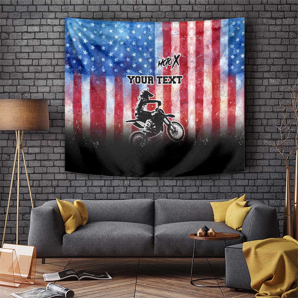 Personalized Motocross Rider Tapestry with Distressed American Flag in Red White Blue Grunge Style - Wonder Print Shop