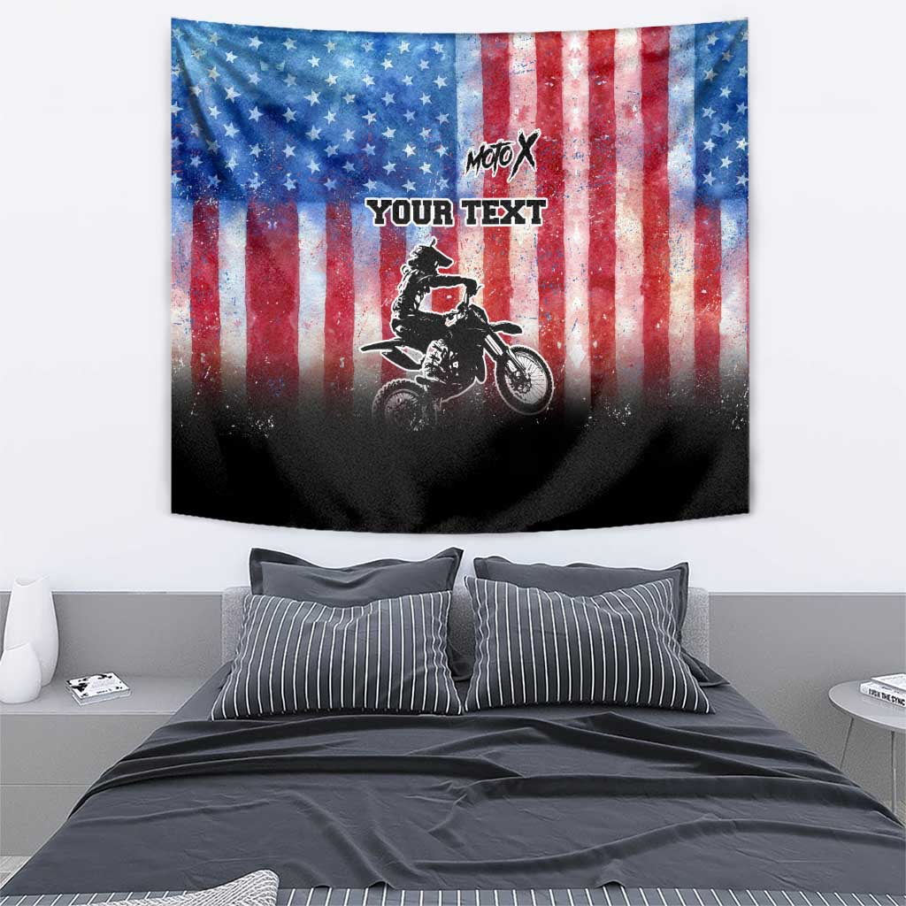 Personalized Motocross Rider Tapestry with Distressed American Flag in Red White Blue Grunge Style - Wonder Print Shop
