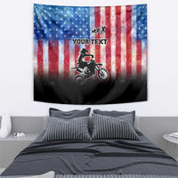 Personalized Motocross Rider Tapestry with Distressed American Flag in Red White Blue Grunge Style - Wonder Print Shop