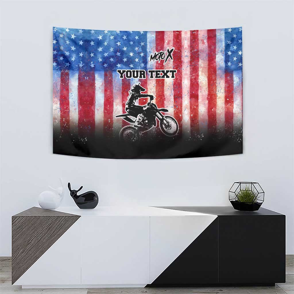 Personalized Motocross Rider Tapestry with Distressed American Flag in Red White Blue Grunge Style - Wonder Print Shop