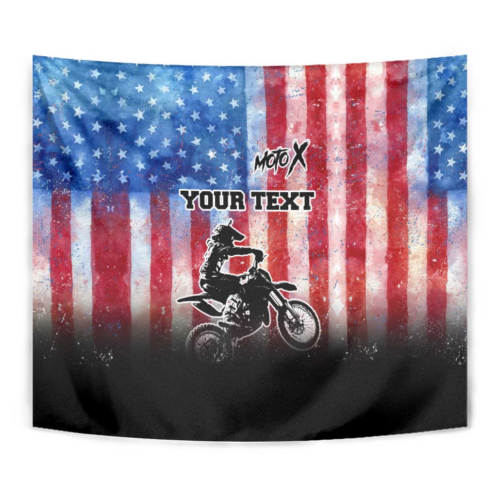 Personalized Motocross Rider Tapestry with Distressed American Flag in Red White Blue Grunge Style - Wonder Print Shop
