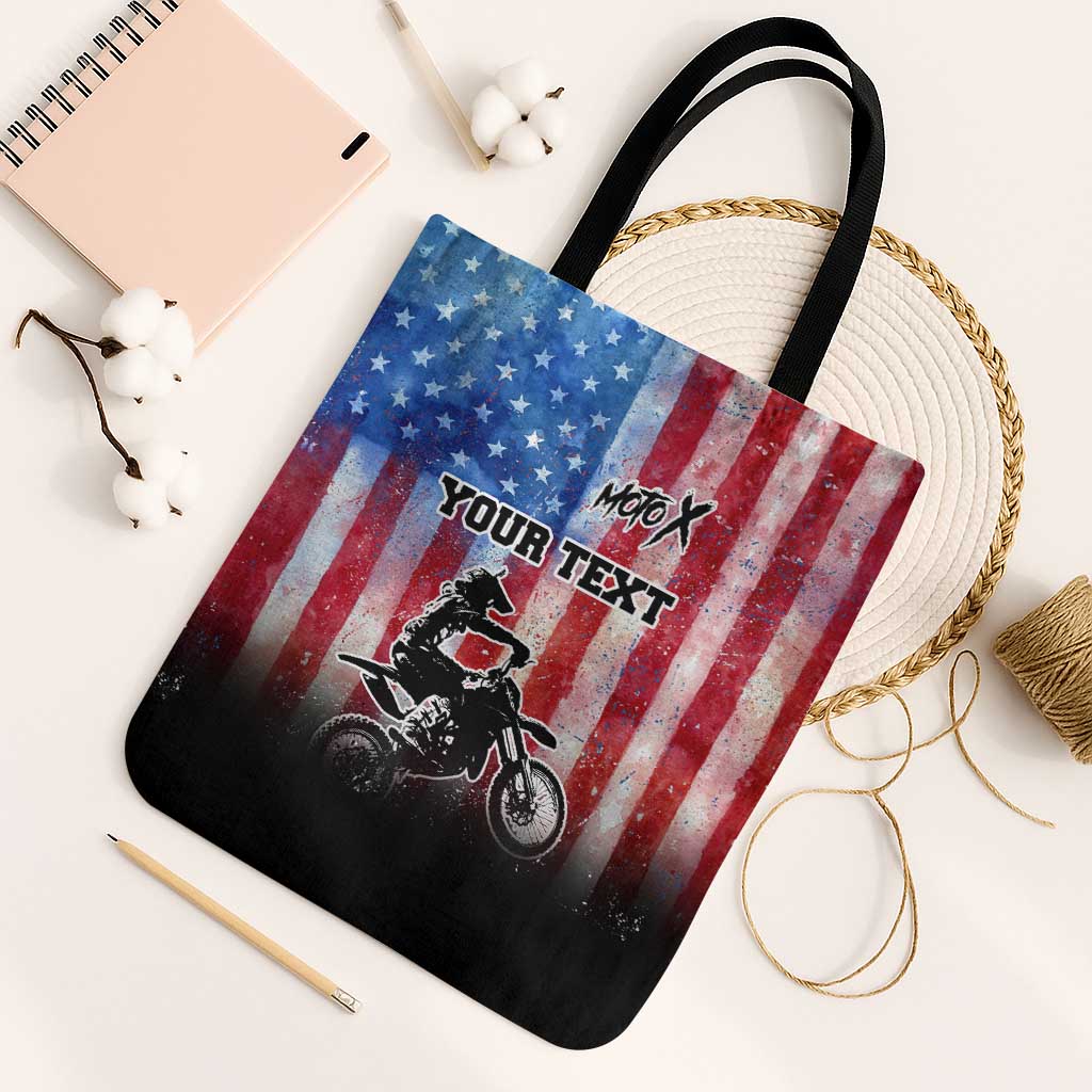 Personalized Motocross Rider Tote Bag with Distressed American Flag in Red White Blue Grunge Style - Wonder Print Shop