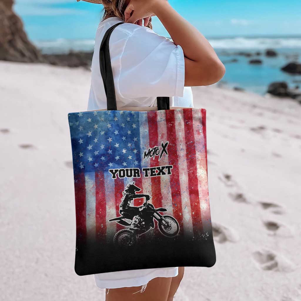 Personalized Motocross Rider Tote Bag with Distressed American Flag in Red White Blue Grunge Style - Wonder Print Shop