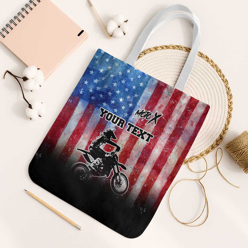 Personalized Motocross Rider Tote Bag with Distressed American Flag in Red White Blue Grunge Style - Wonder Print Shop