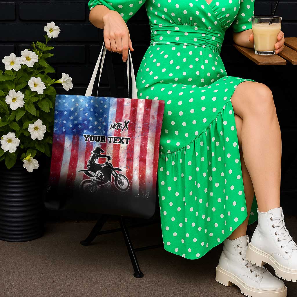Personalized Motocross Rider Tote Bag with Distressed American Flag in Red White Blue Grunge Style - Wonder Print Shop