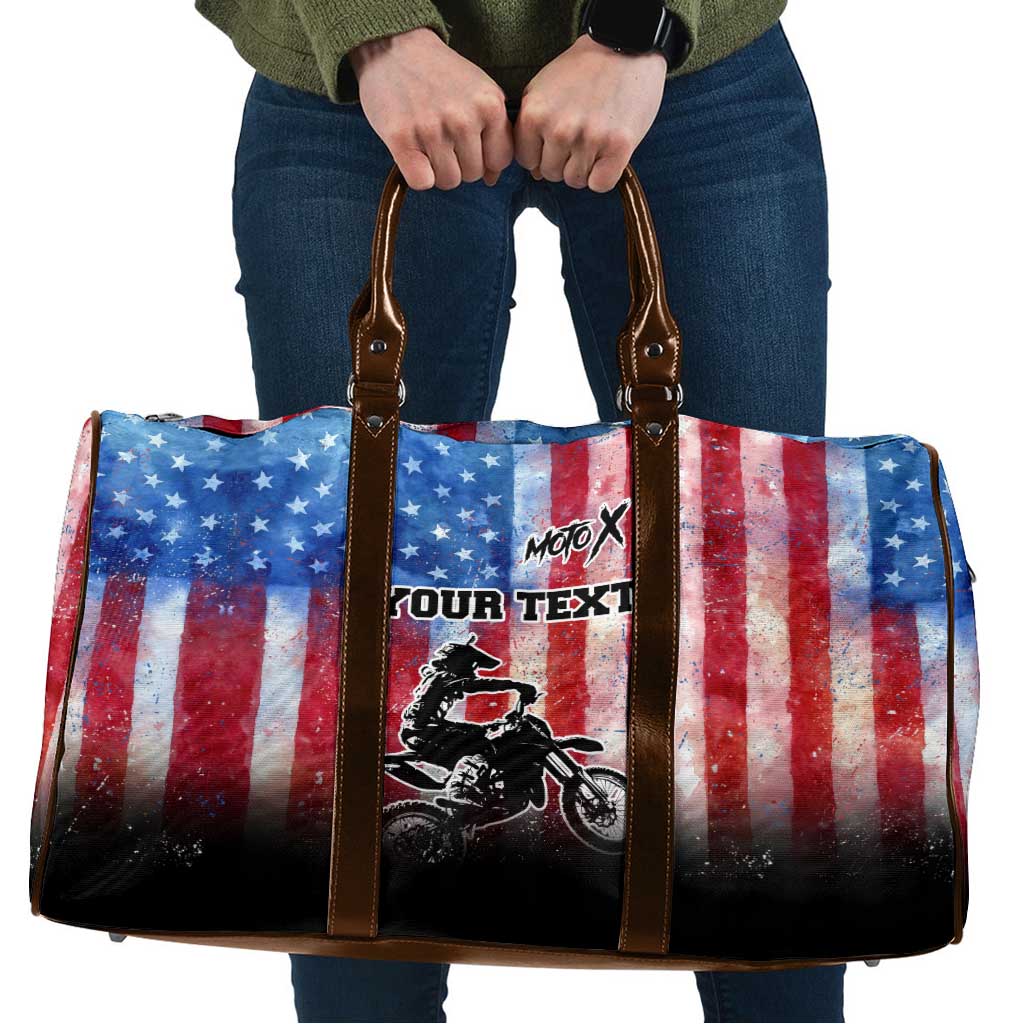 Personalized Motocross Rider Travel Bag with Distressed American Flag in Red White Blue Grunge Style - Wonder Print Shop