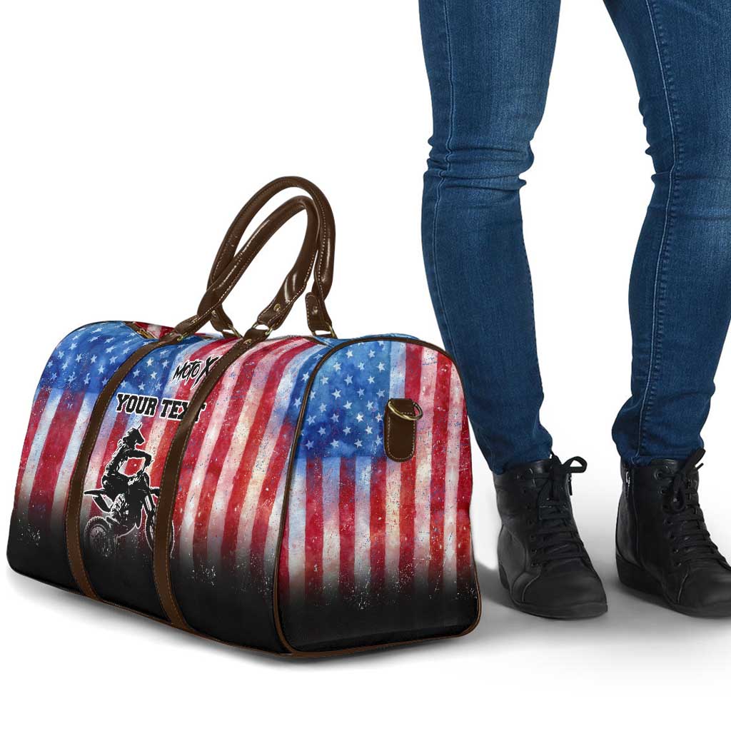 Personalized Motocross Rider Travel Bag with Distressed American Flag in Red White Blue Grunge Style - Wonder Print Shop