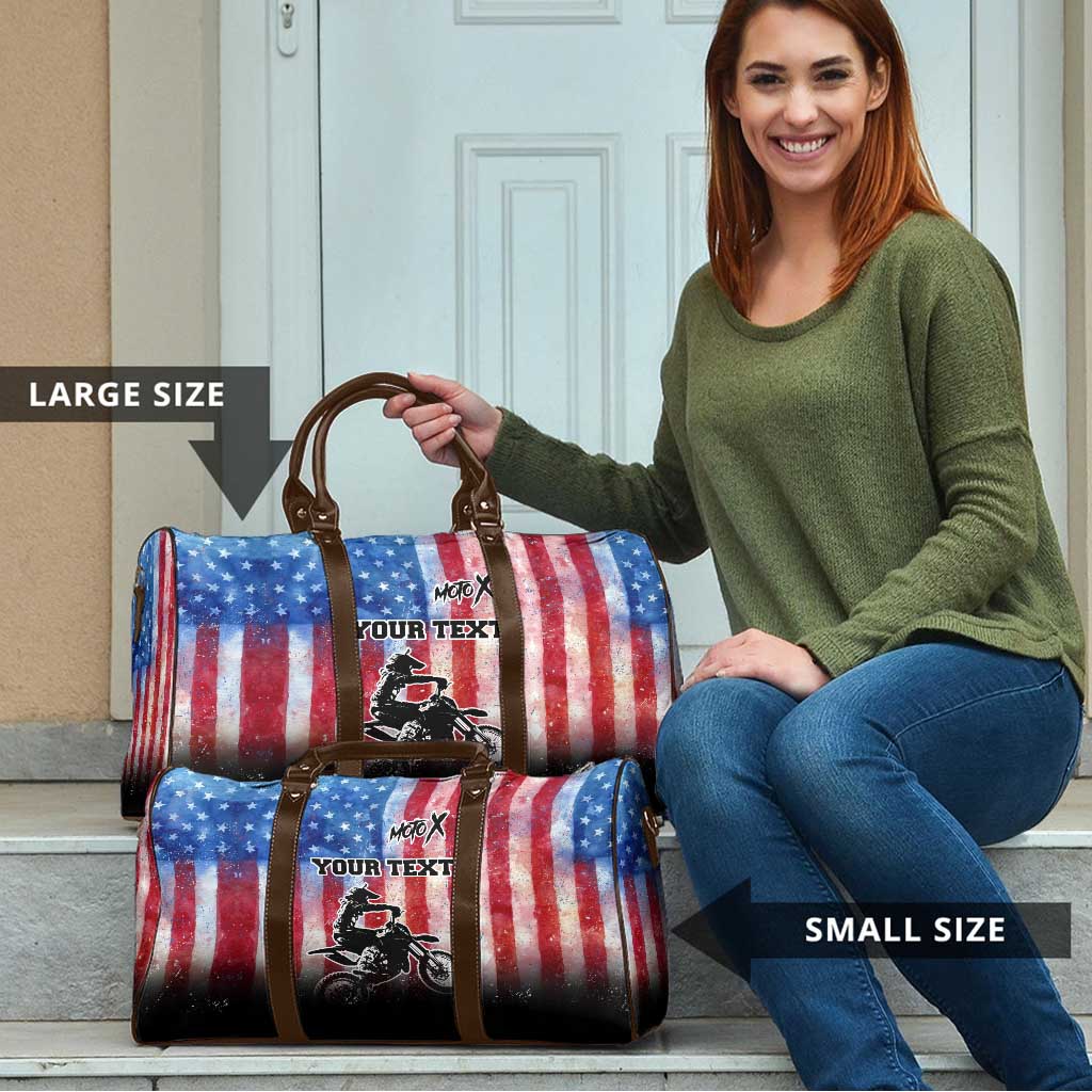 Personalized Motocross Rider Travel Bag with Distressed American Flag in Red White Blue Grunge Style - Wonder Print Shop