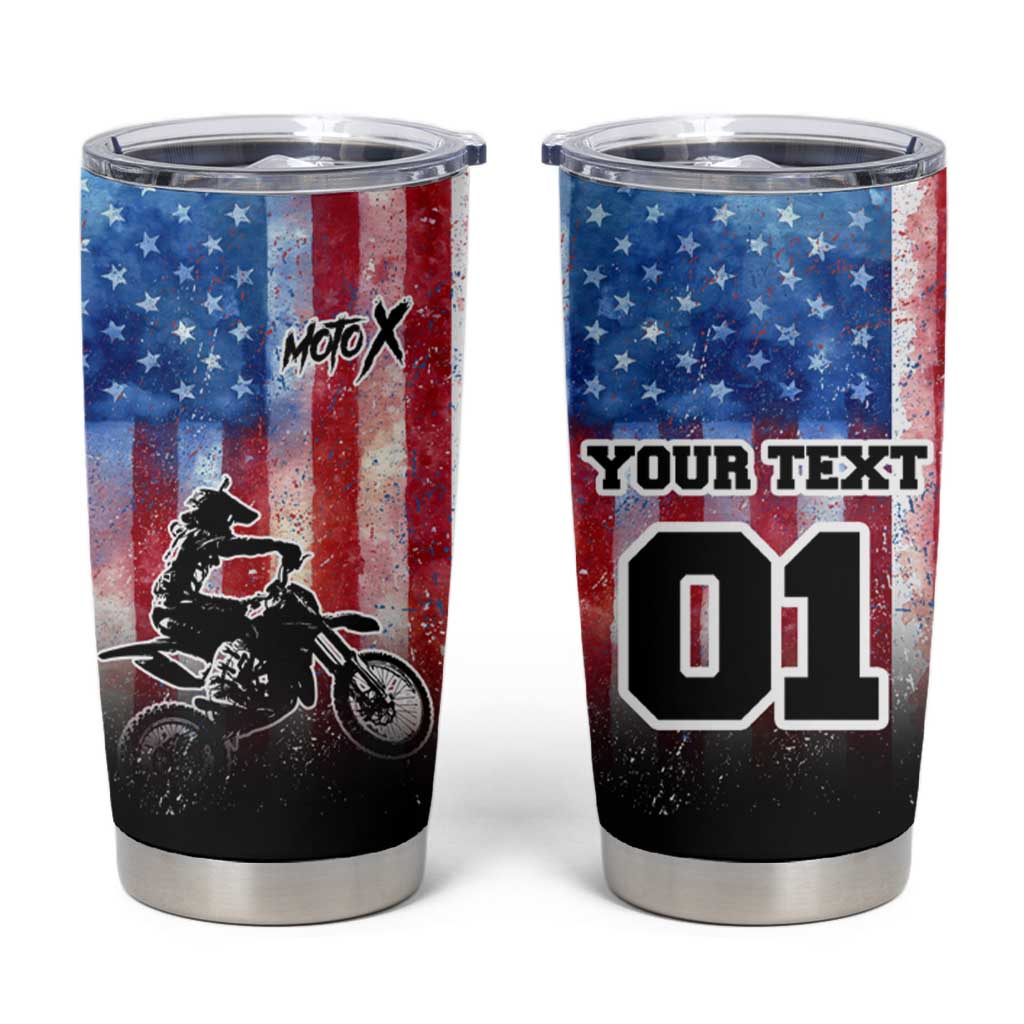 Personalized Motocross Rider Tumbler Cup with Distressed American Flag in Red White Blue Grunge Style - Wonder Print Shop