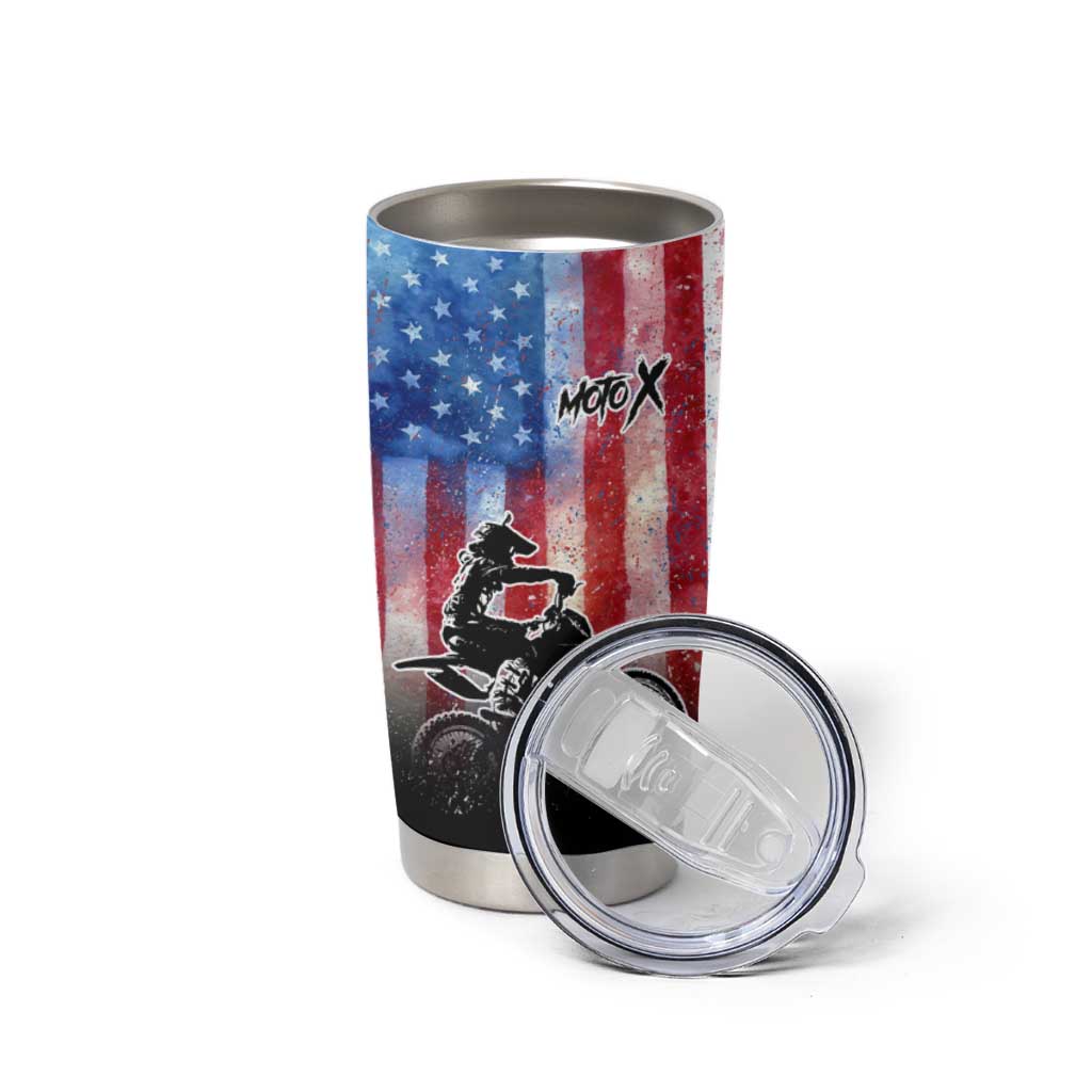 Personalized Motocross Rider Tumbler Cup with Distressed American Flag in Red White Blue Grunge Style - Wonder Print Shop