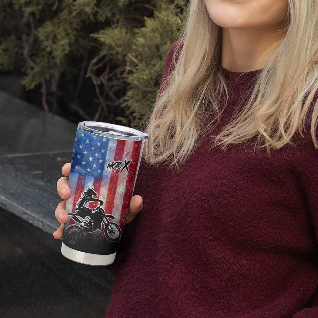 Personalized Motocross Rider Tumbler Cup with Distressed American Flag in Red White Blue Grunge Style - Wonder Print Shop