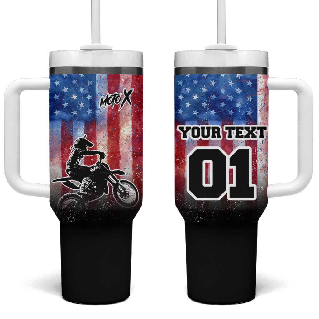 Personalized Motocross Rider Tumbler With Handle with Distressed American Flag in Red White Blue Grunge Style - Wonder Print Shop