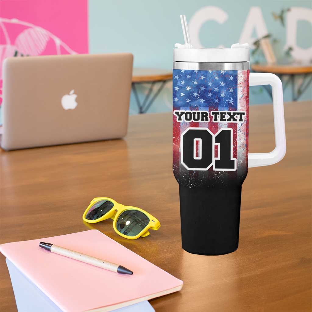 Personalized Motocross Rider Tumbler With Handle with Distressed American Flag in Red White Blue Grunge Style - Wonder Print Shop