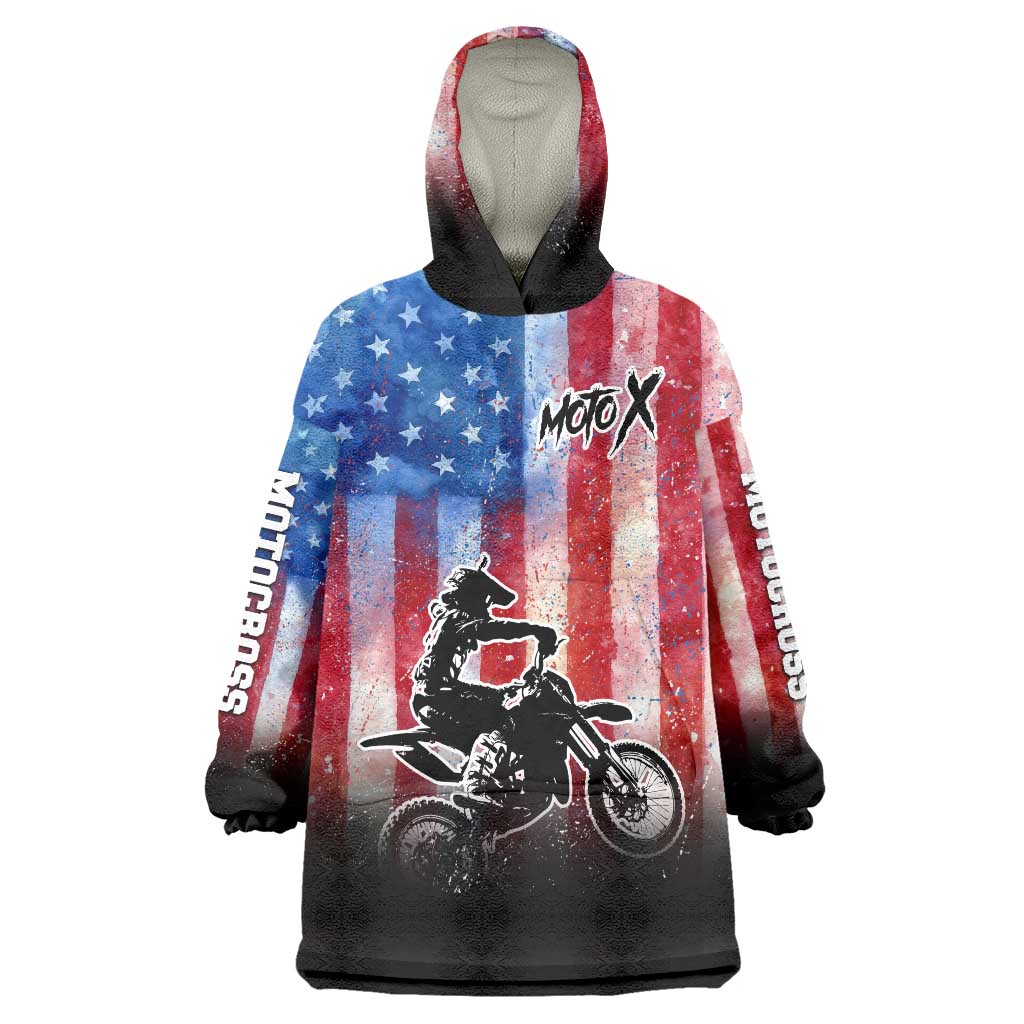 Personalized Motocross Rider Wearable Blanket Hoodie with Distressed American Flag in Red White Blue Grunge Style - Wonder Print Shop