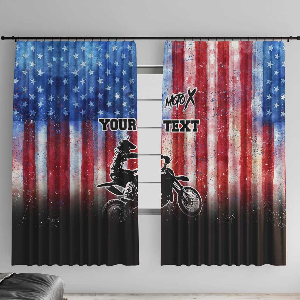 Personalized Motocross Rider Window Curtain with Distressed American Flag in Red White Blue Grunge Style - Wonder Print Shop