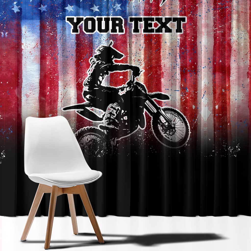 Personalized Motocross Rider Window Curtain with Distressed American Flag in Red White Blue Grunge Style - Wonder Print Shop