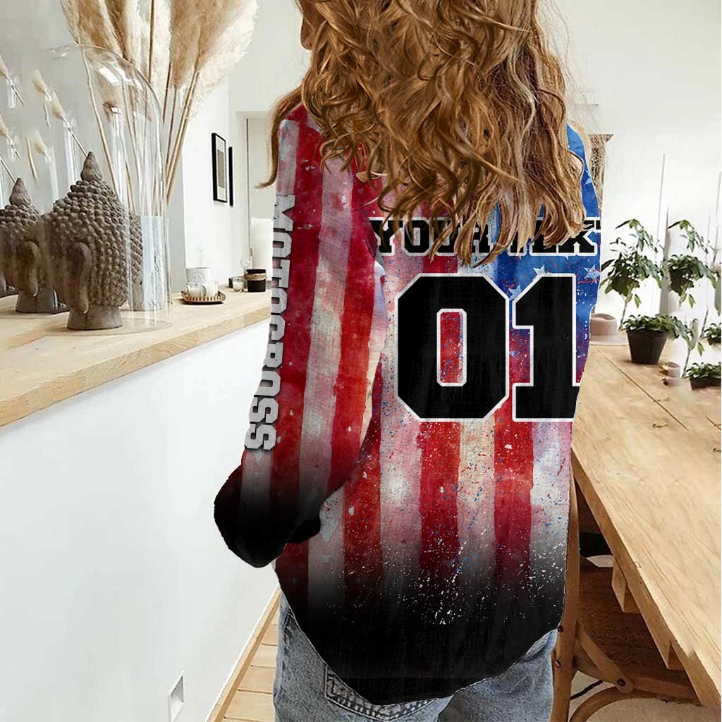 Personalized Motocross Rider Women Casual Shirt with Distressed American Flag in Red White Blue Grunge Style - Wonder Print Shop