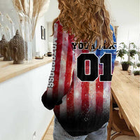Personalized Motocross Rider Women Casual Shirt with Distressed American Flag in Red White Blue Grunge Style - Wonder Print Shop