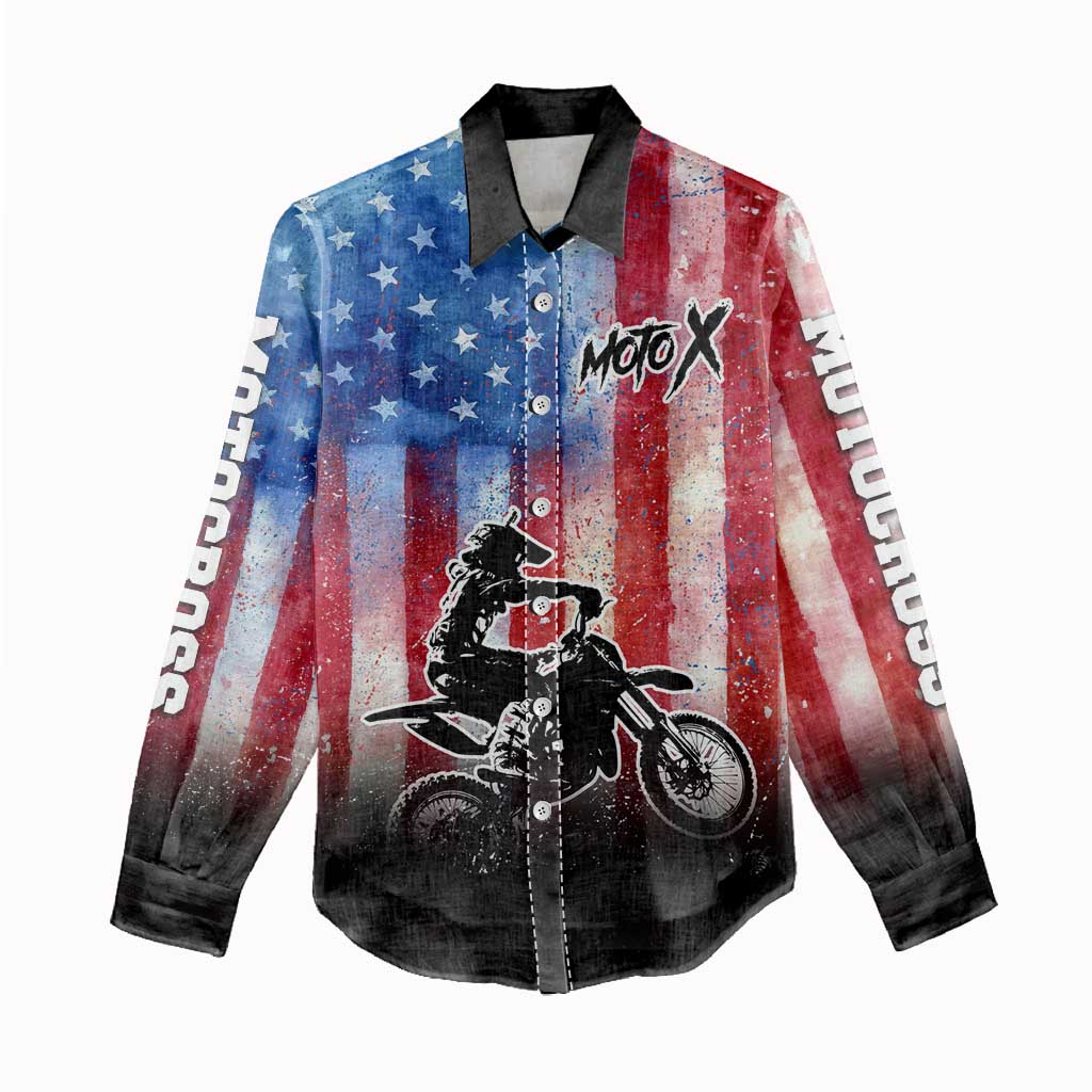 Personalized Motocross Rider Women Casual Shirt with Distressed American Flag in Red White Blue Grunge Style - Wonder Print Shop