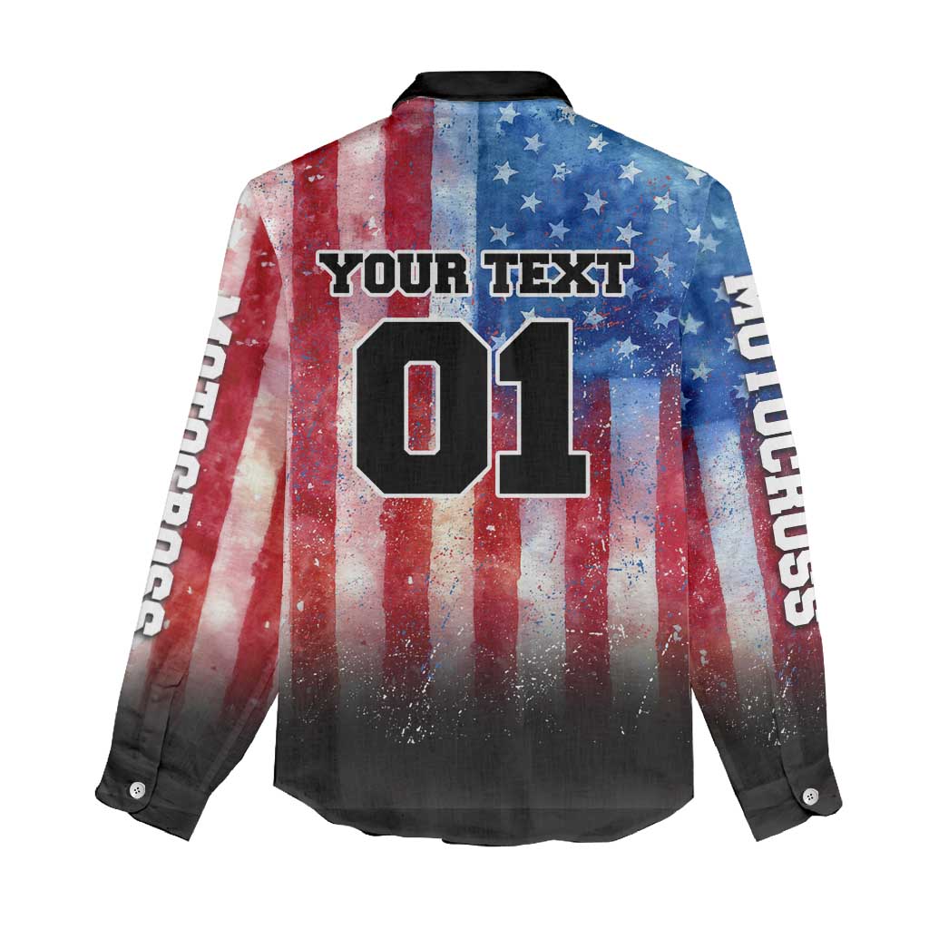 Personalized Motocross Rider Women Casual Shirt with Distressed American Flag in Red White Blue Grunge Style - Wonder Print Shop