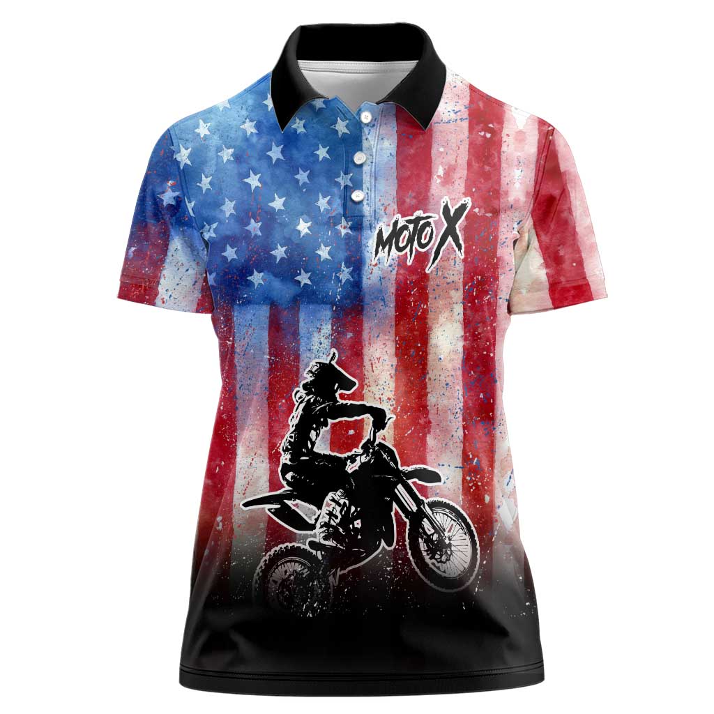 Personalized Motocross Rider Women Polo Shirt with Distressed American Flag in Red White Blue Grunge Style - Wonder Print Shop