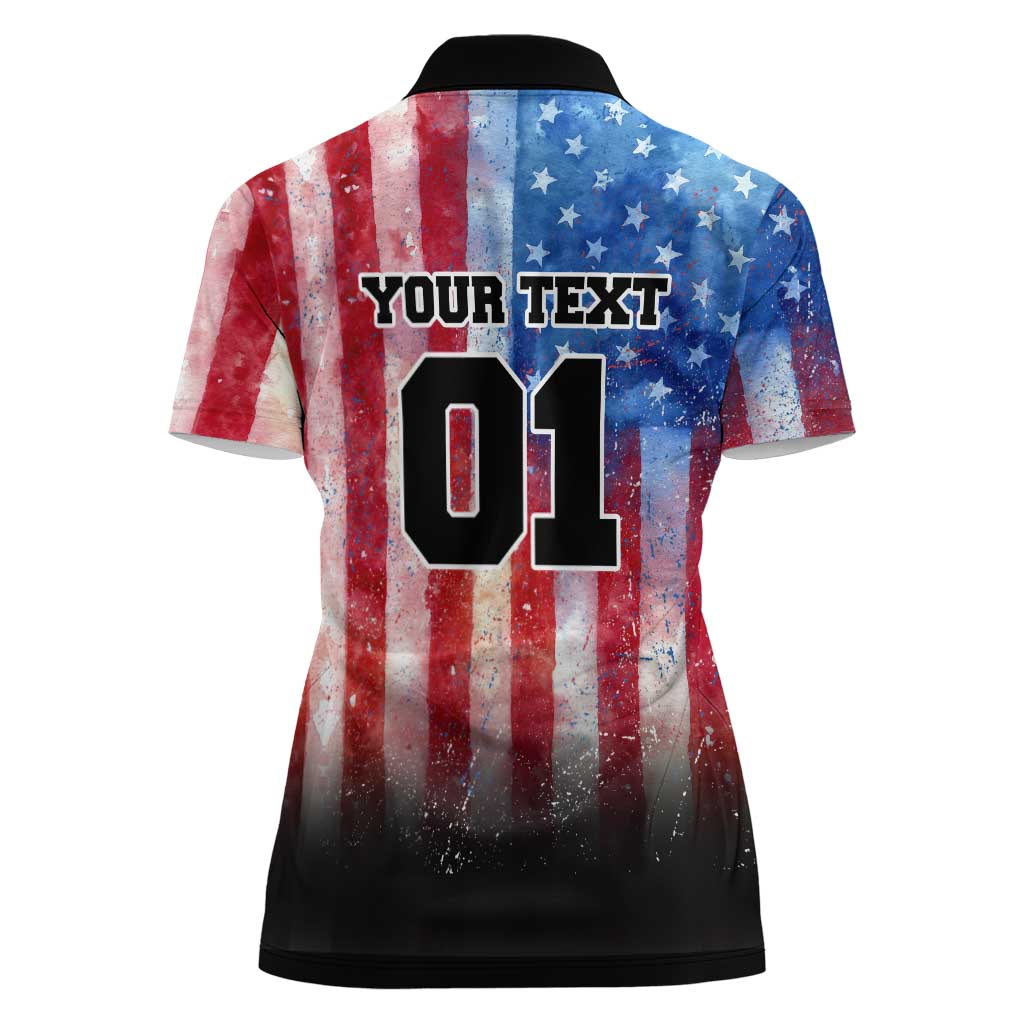 Personalized Motocross Rider Women Polo Shirt with Distressed American Flag in Red White Blue Grunge Style - Wonder Print Shop